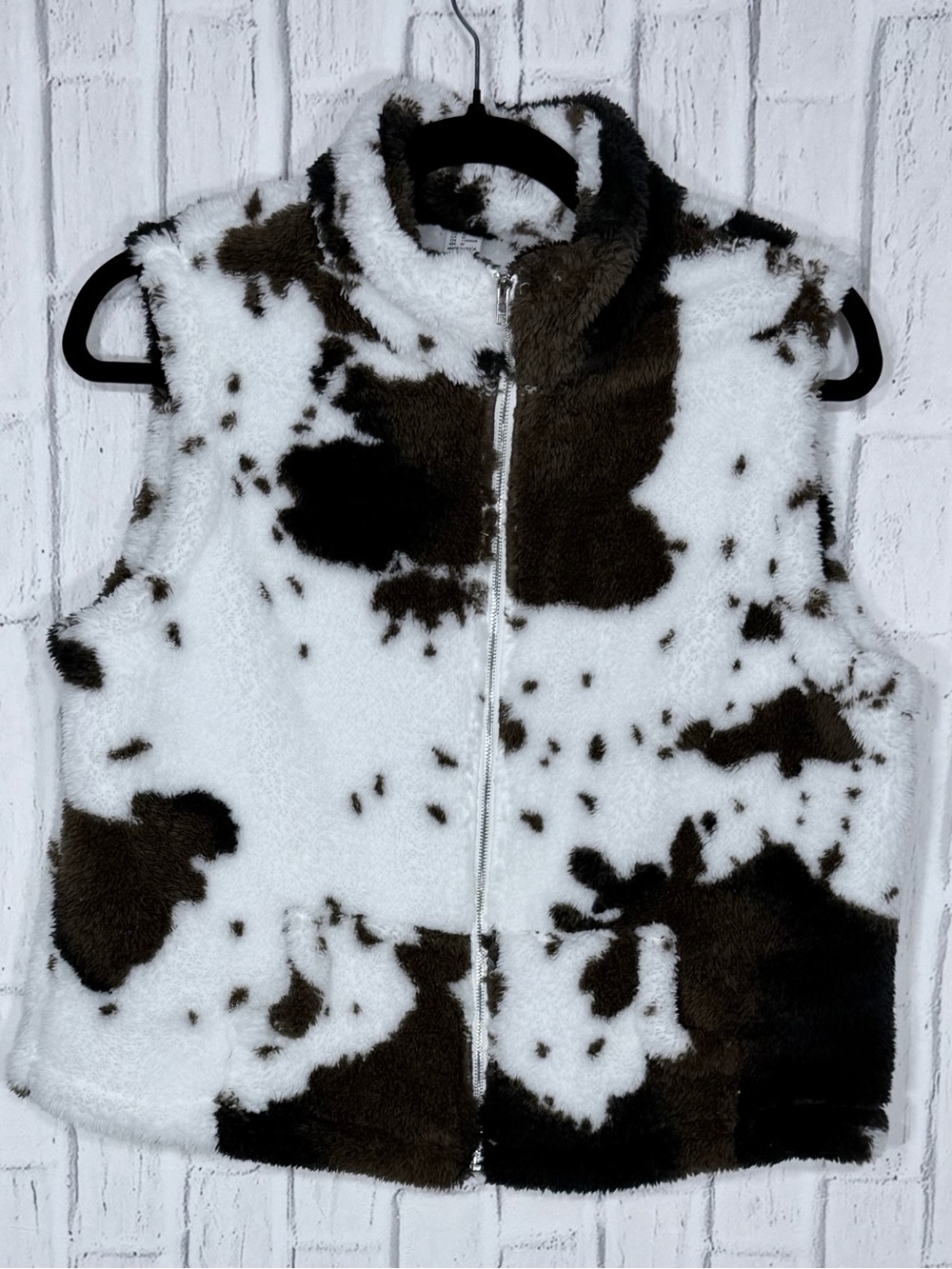 🐄 Cow Print Sherpa Fleece Zip Vest Brown White Western Size M
